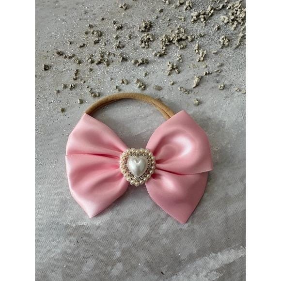 Baby Girl Pink Satin Bow Headband Pearl Heart Embellishment Toddler Accessory - Picture 2 of 4